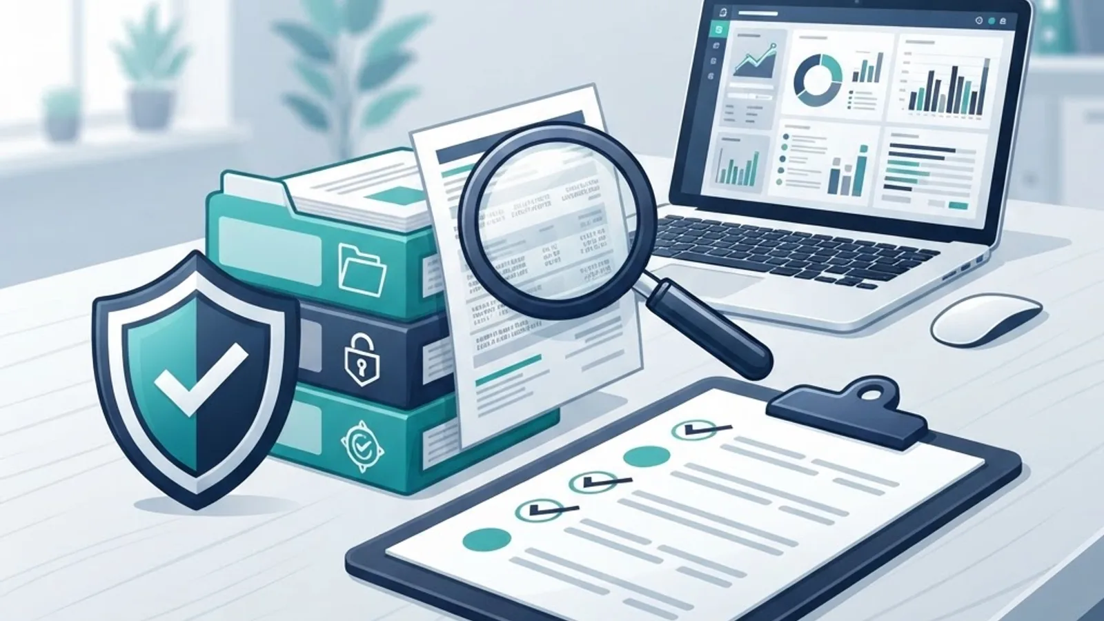 Compliance audit checklist, shield and document review illustration