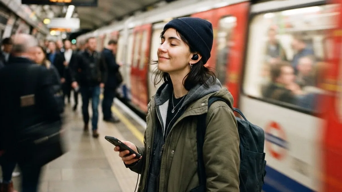 Commuter using noise cancelling earbuds on a busy train platform