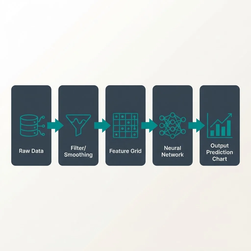 Horizontal pipeline diagram from raw data through smoothing and features to a trained model output
