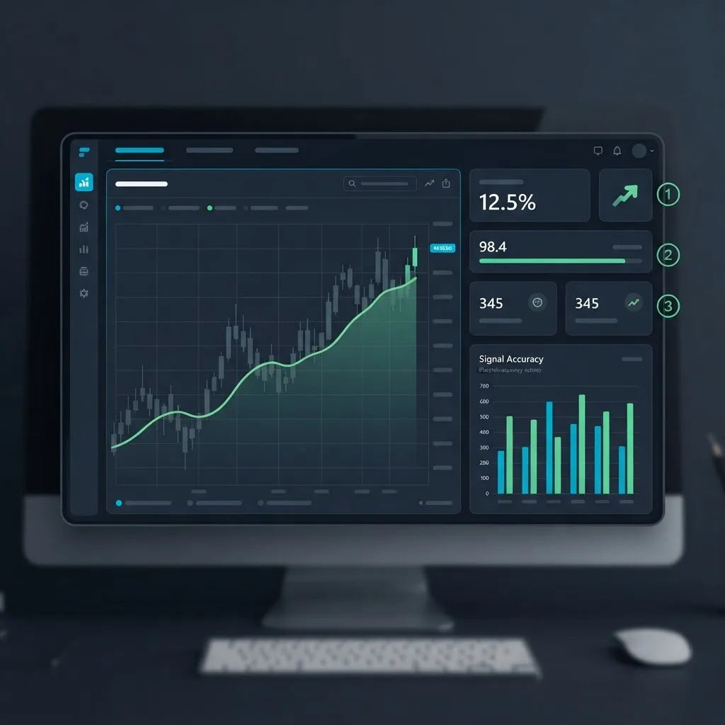Dark analytics dashboard with adaptive smoothing chart and signal accuracy metrics