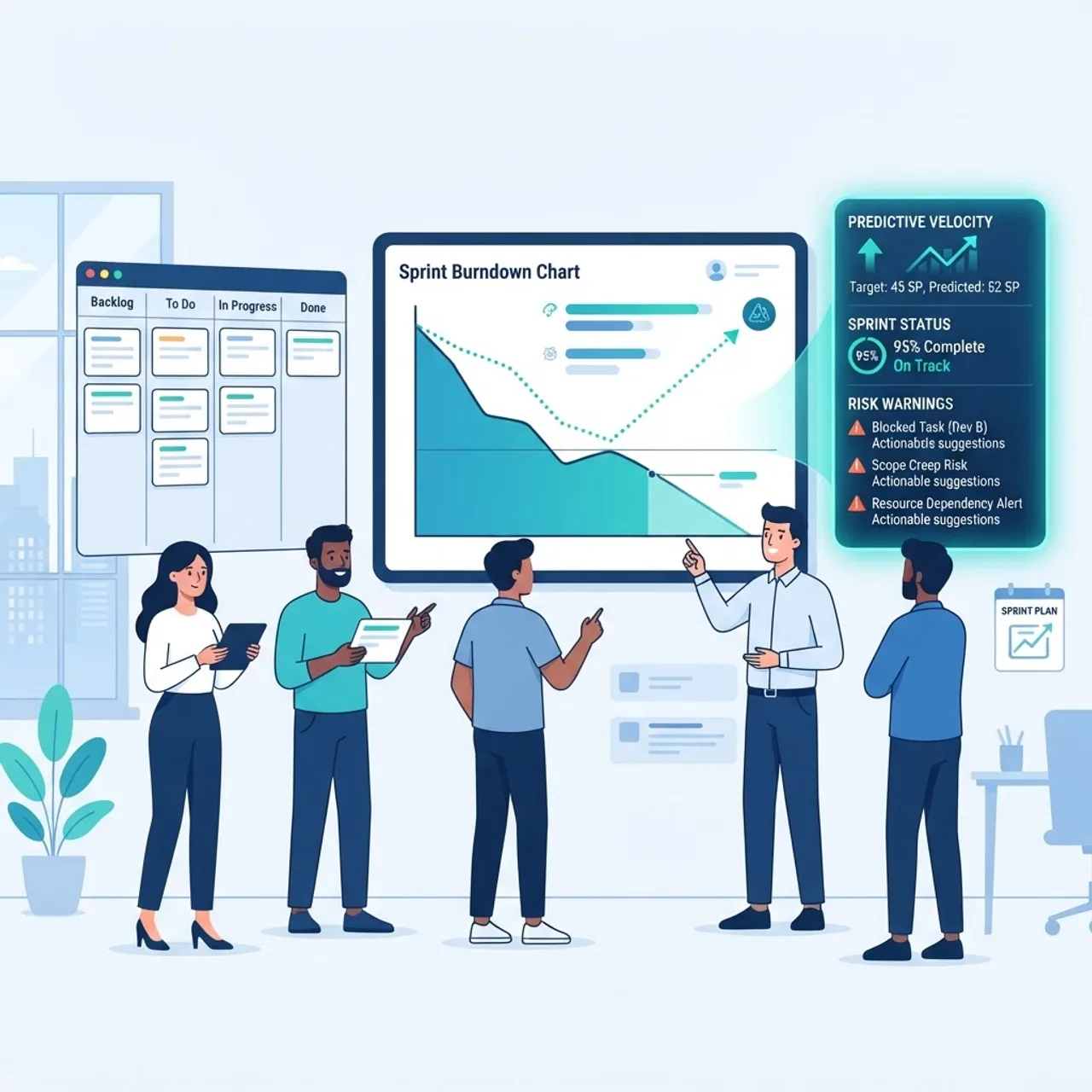 Agile sprint enhanced with AI insights showing predictive velocity metrics