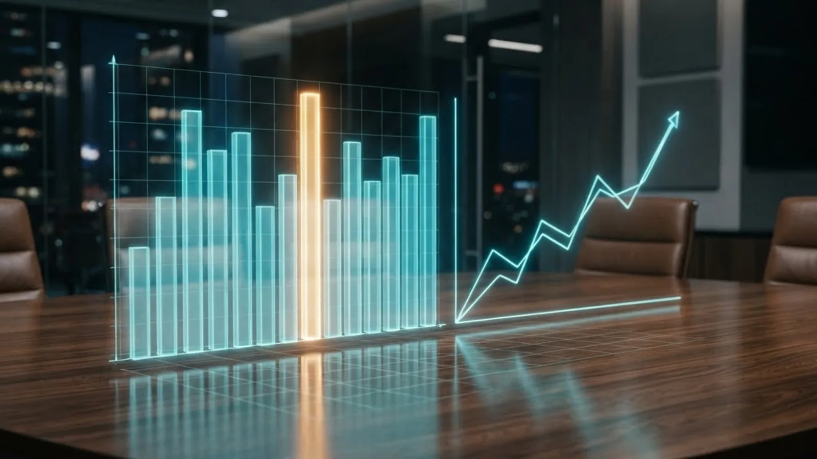 Holographic bar and line charts above a dark boardroom table showing AI adoption trends