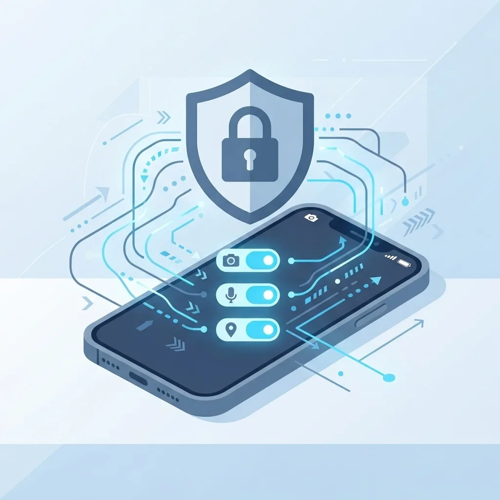 Padlock and shield over a smartphone with data permission toggles