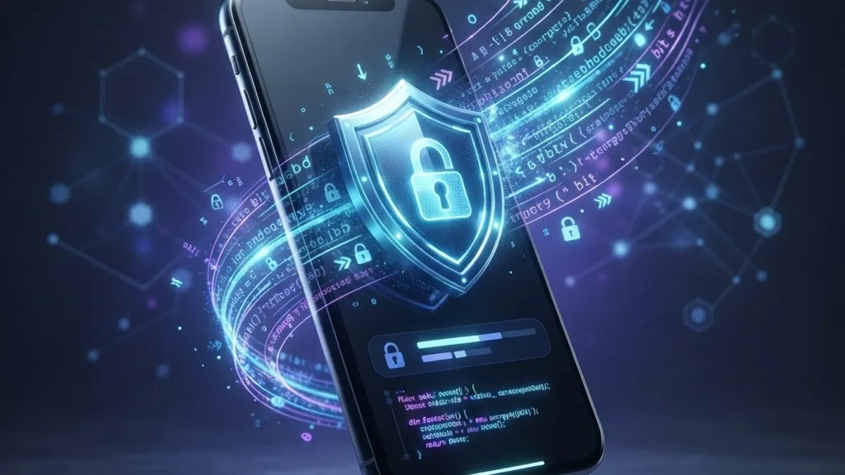 AI app privacy and security concept with shield and padlock on a smartphone