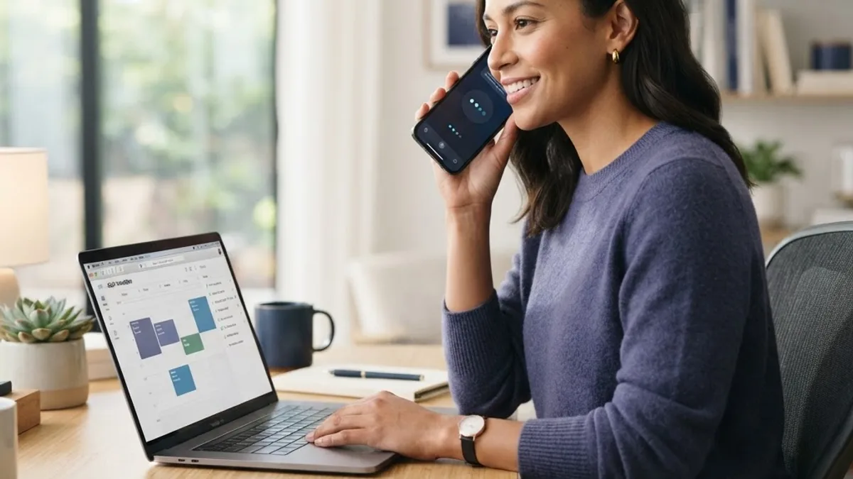 Professional using an AI assistant app alongside a laptop task list