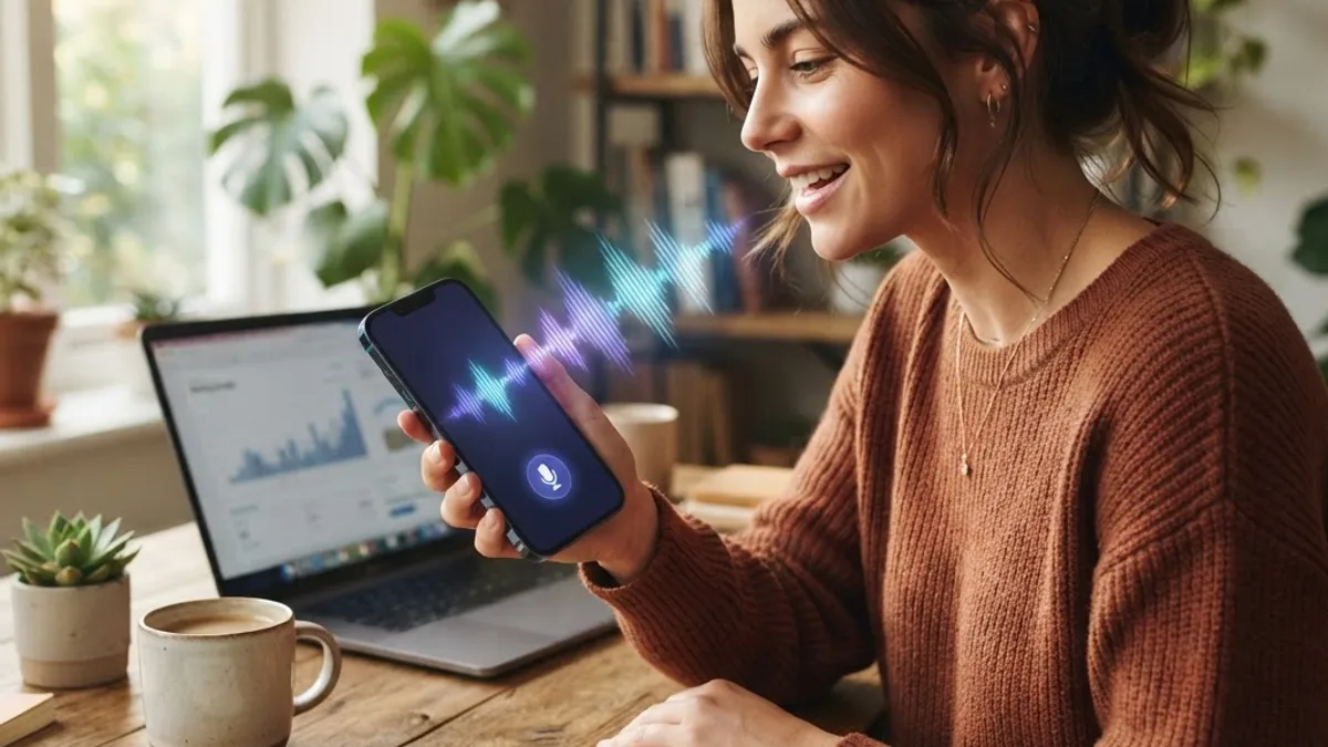 Person speaking to an AI assistant app with voice waveform visualisation