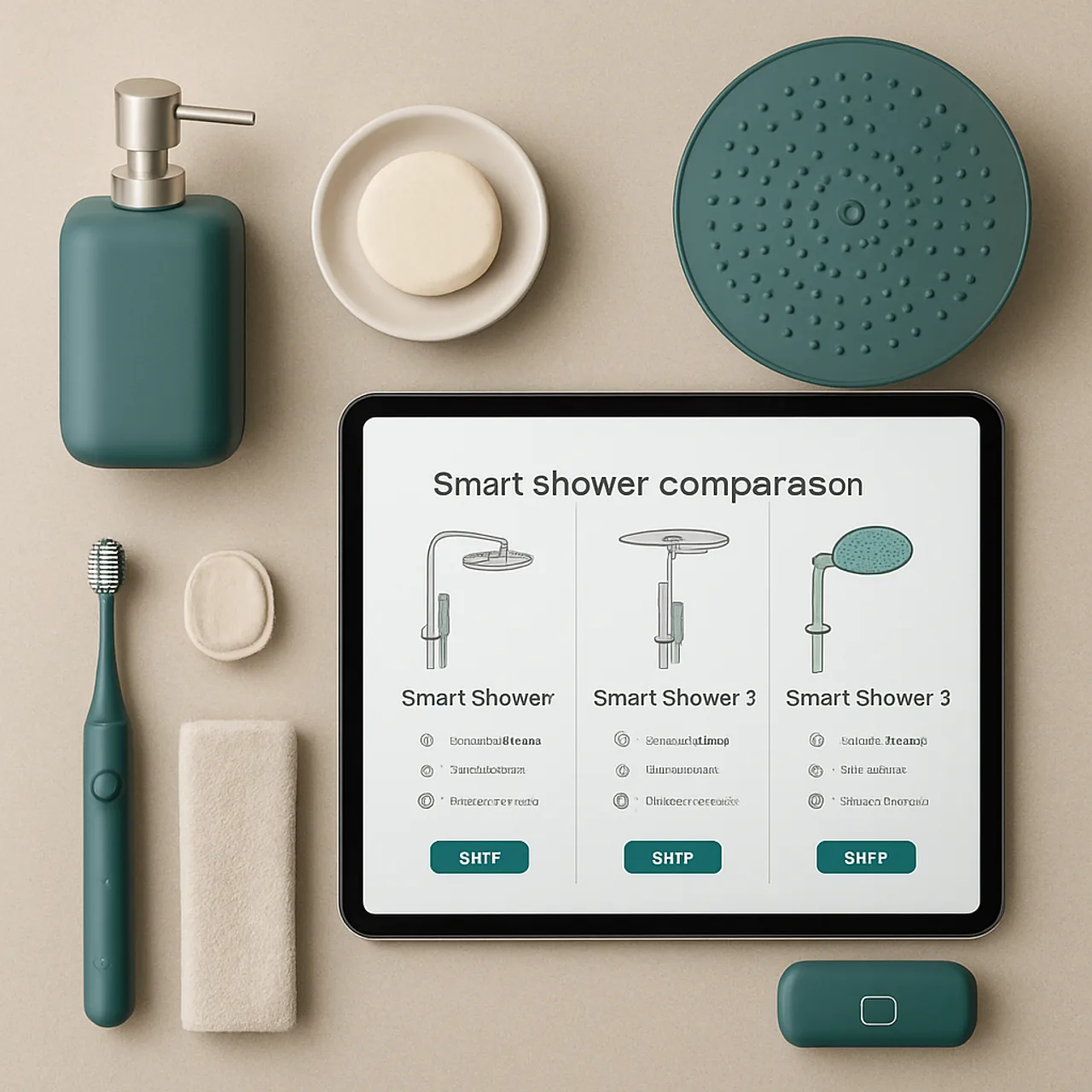 Smart bath products and a tablet showing a buying comparison guide