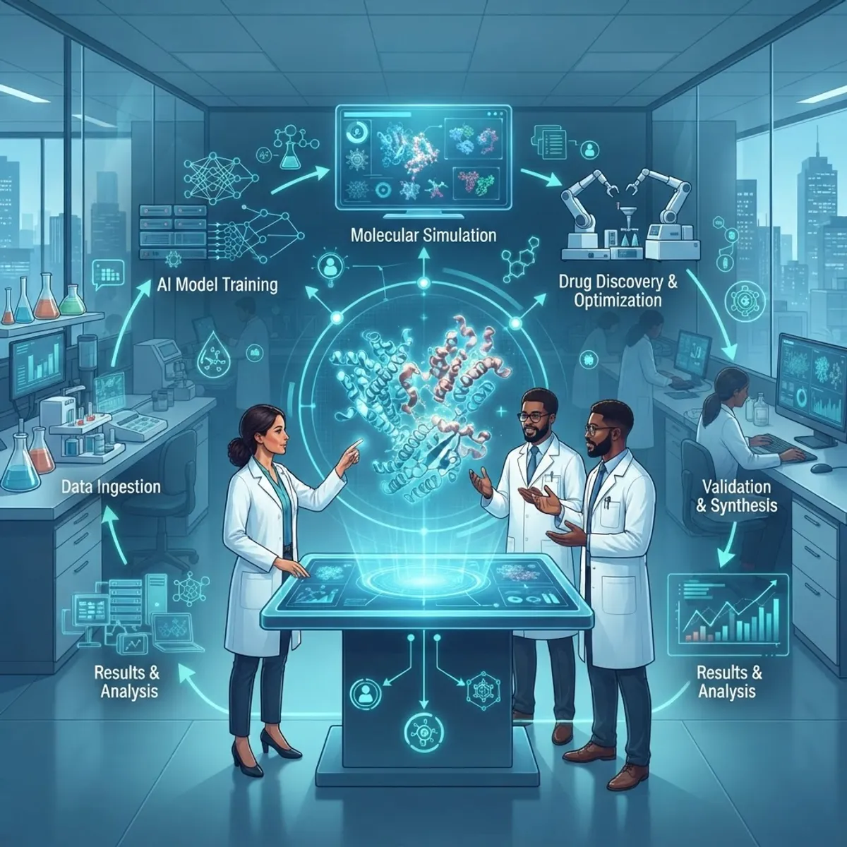 AI biochemistry research workflow with scientists and molecular models