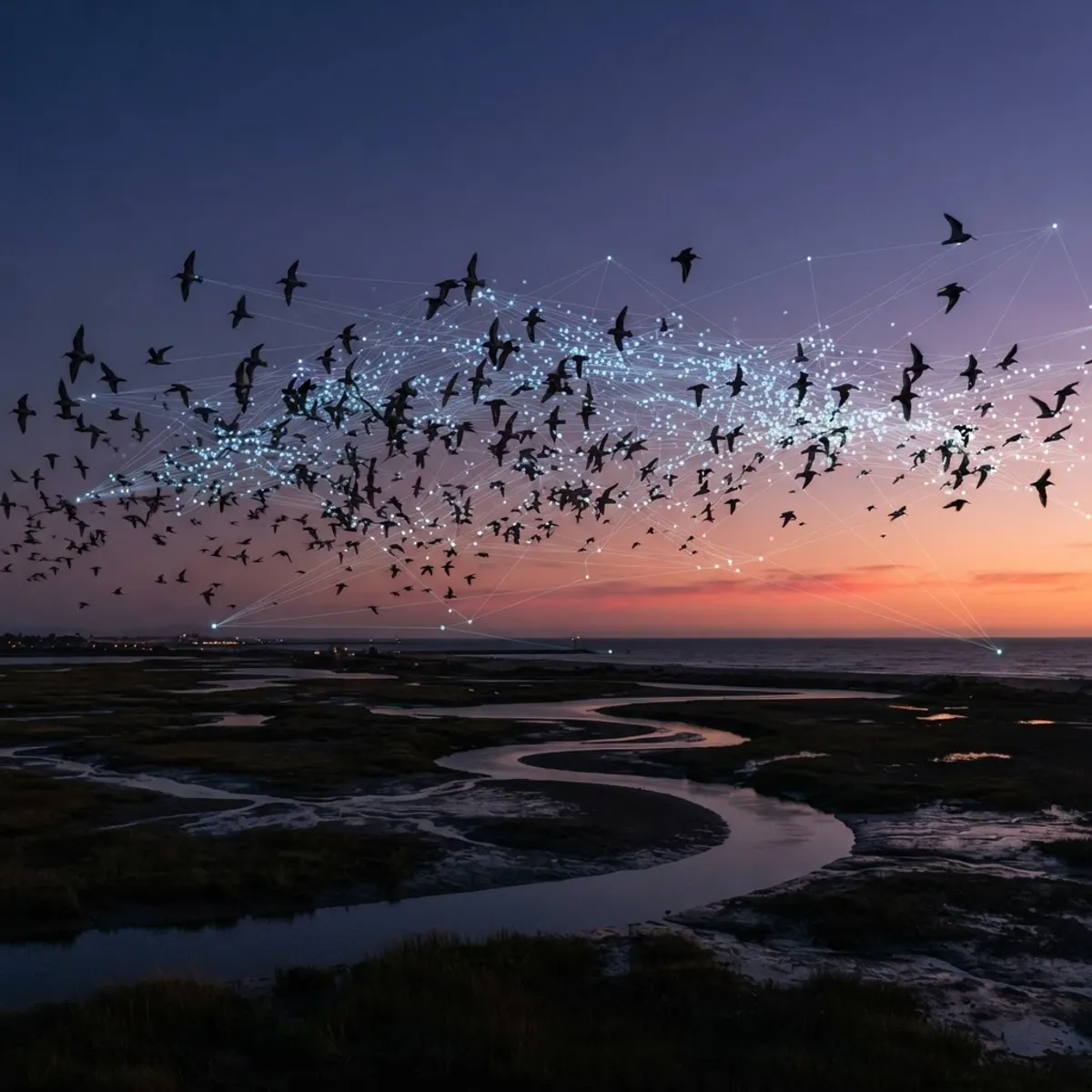 Migrating birds at dusk with plotted observation data points