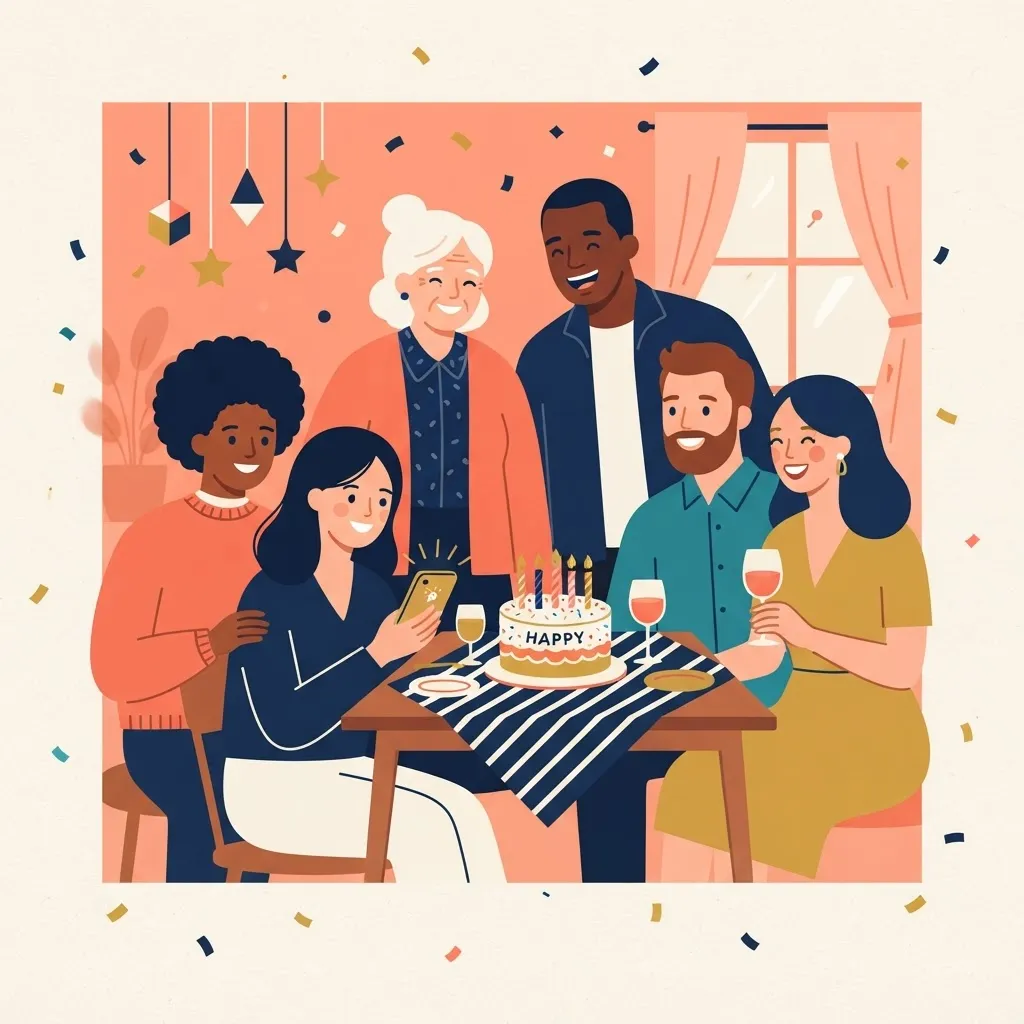 Friends and family celebrating a birthday around a cake while one person reads a message on a phone