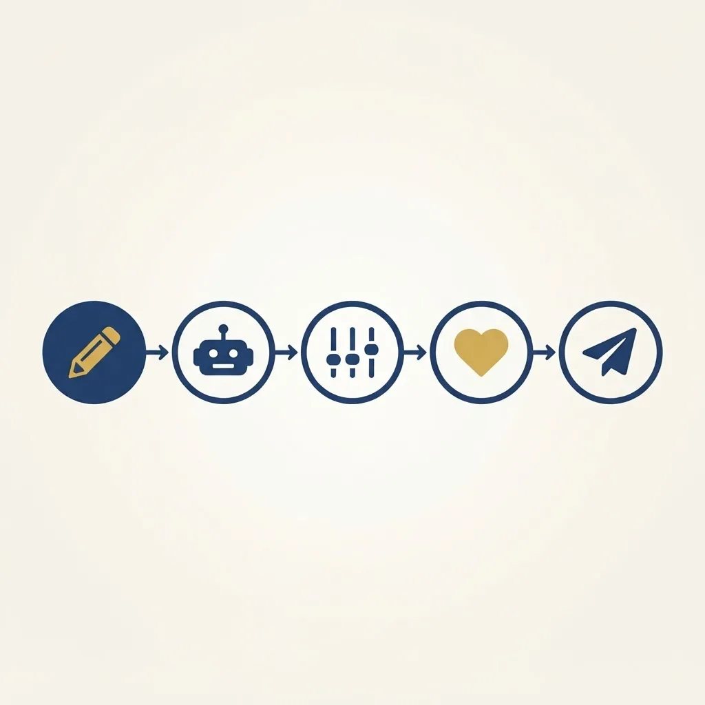 Five step workflow diagram with connected circular nodes holding pencil, robot, sliders, heart and paper plane icons