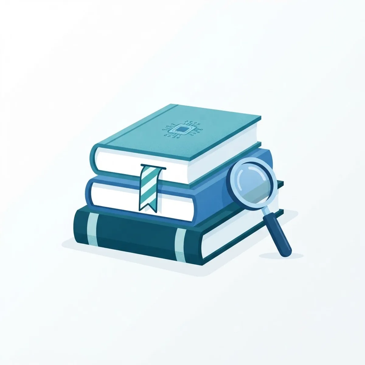 Stack of study books with a magnifying glass and AI chip icon