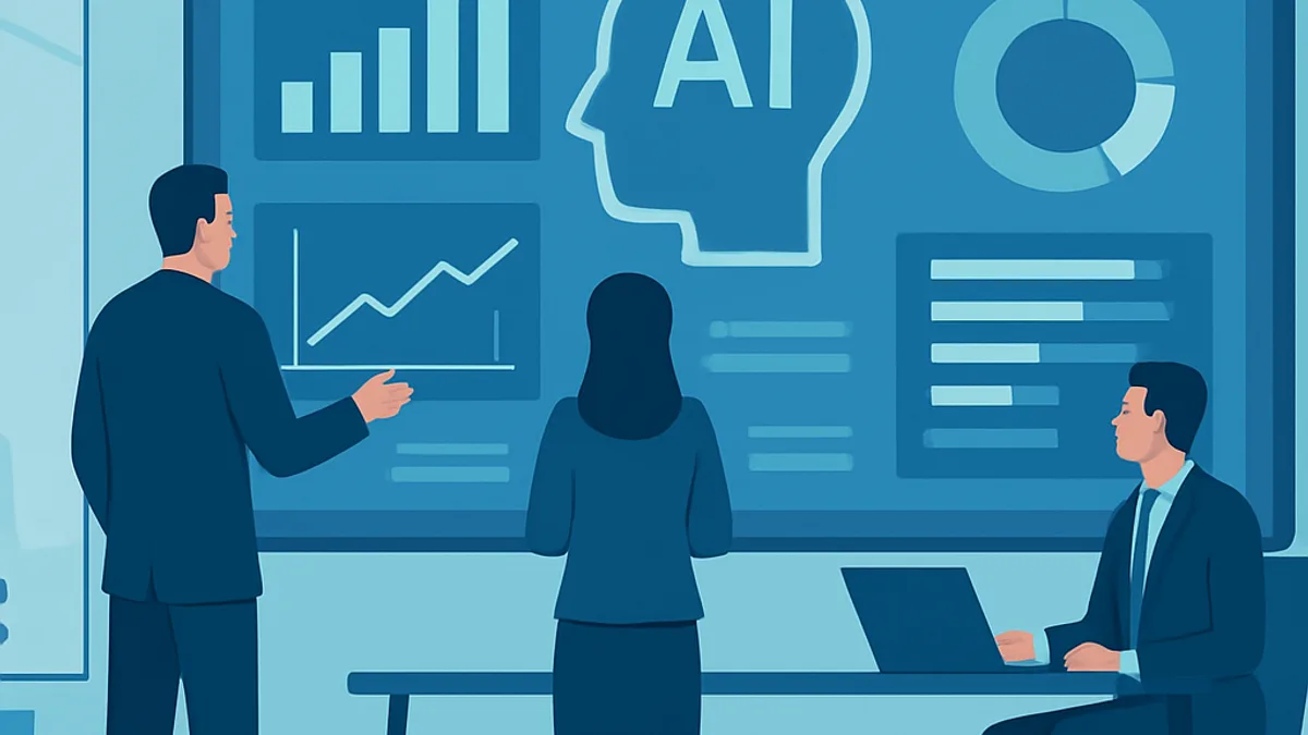 Executives reviewing an AI business strategy dashboard
