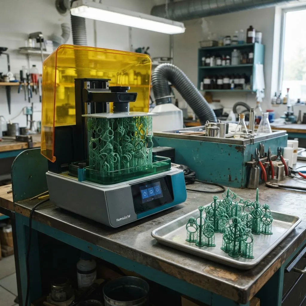 Resin 3D printer producing castable ring patterns in a jewelry workshop