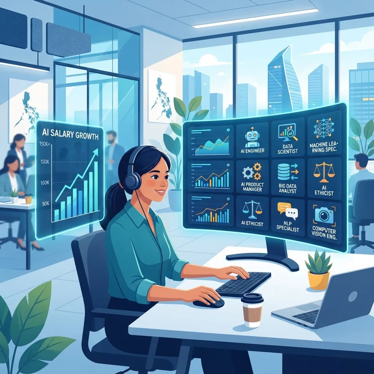 Filipino data scientist working with dashboards showing salary growth and job roles