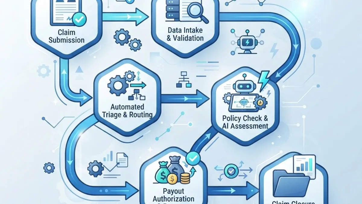 Automated claims processing workflow with connected nodes