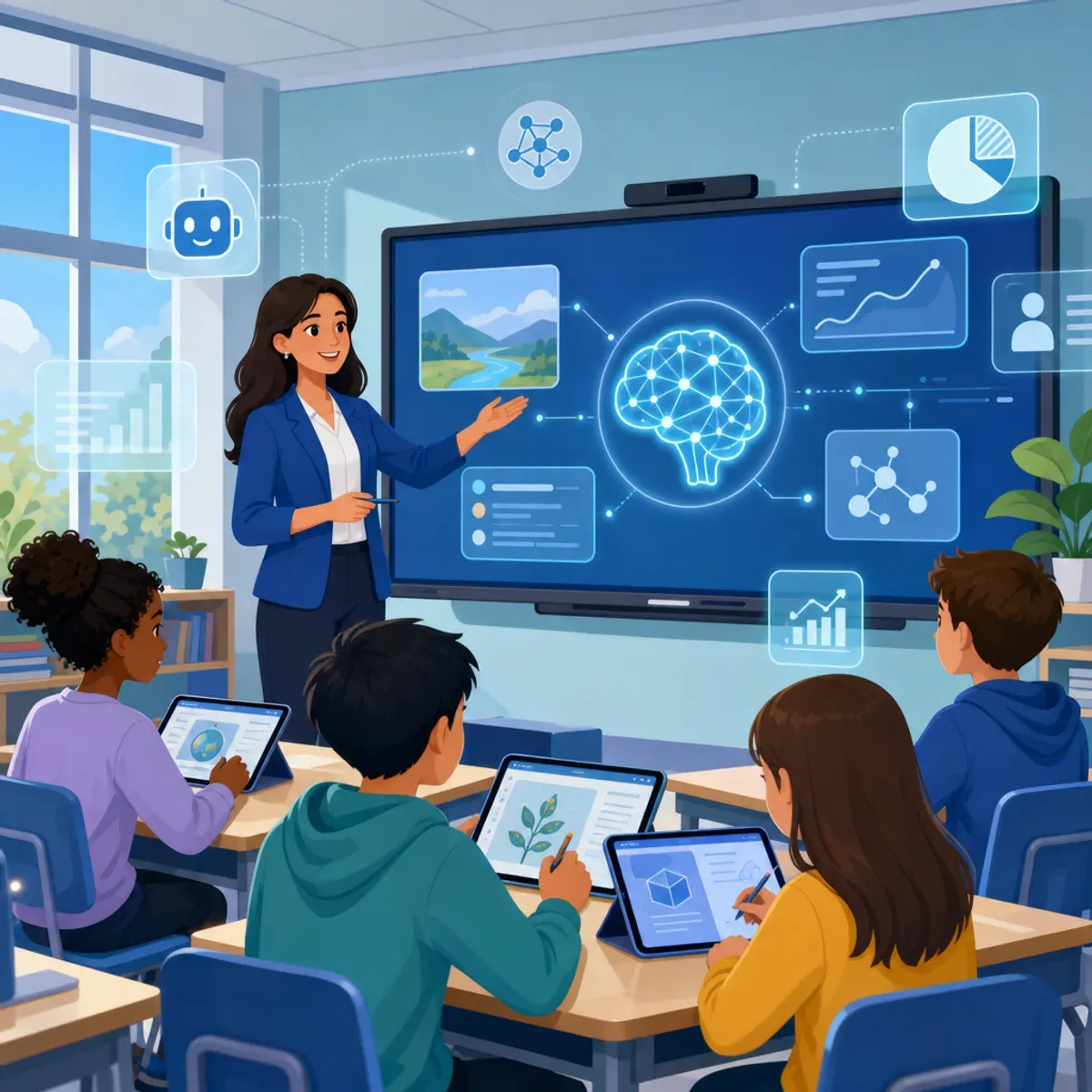 Teacher using AI teaching tools in a modern classroom