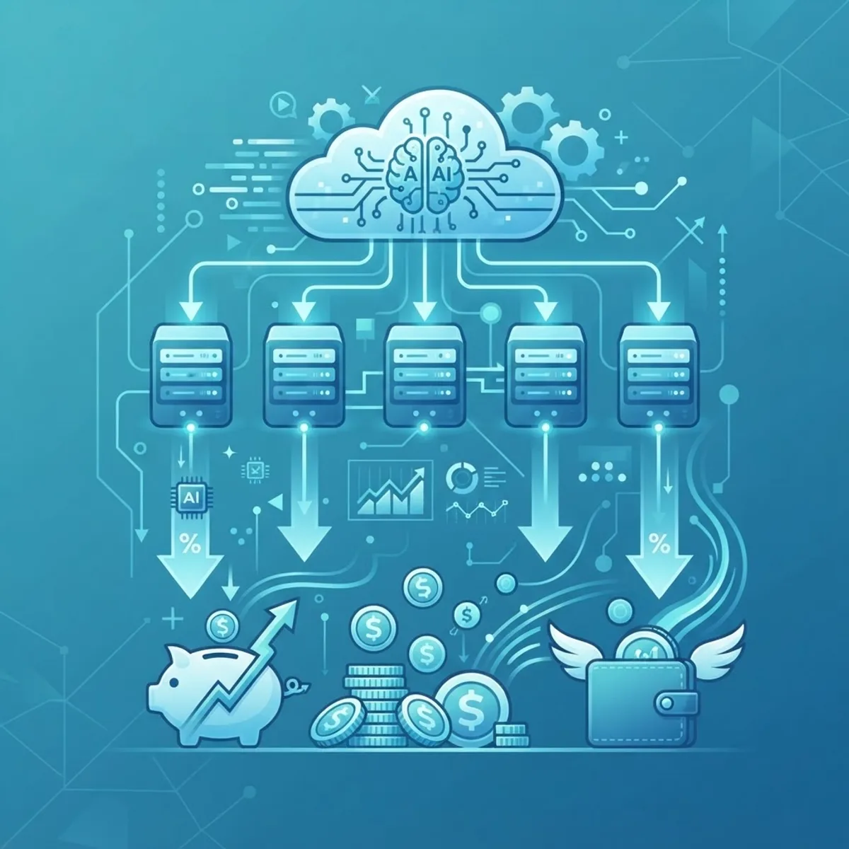 AI-driven cloud cost optimization with efficiency arrows