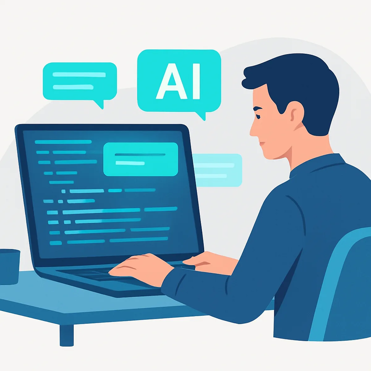 Developer using an AI coding assistant with code suggestions on a laptop