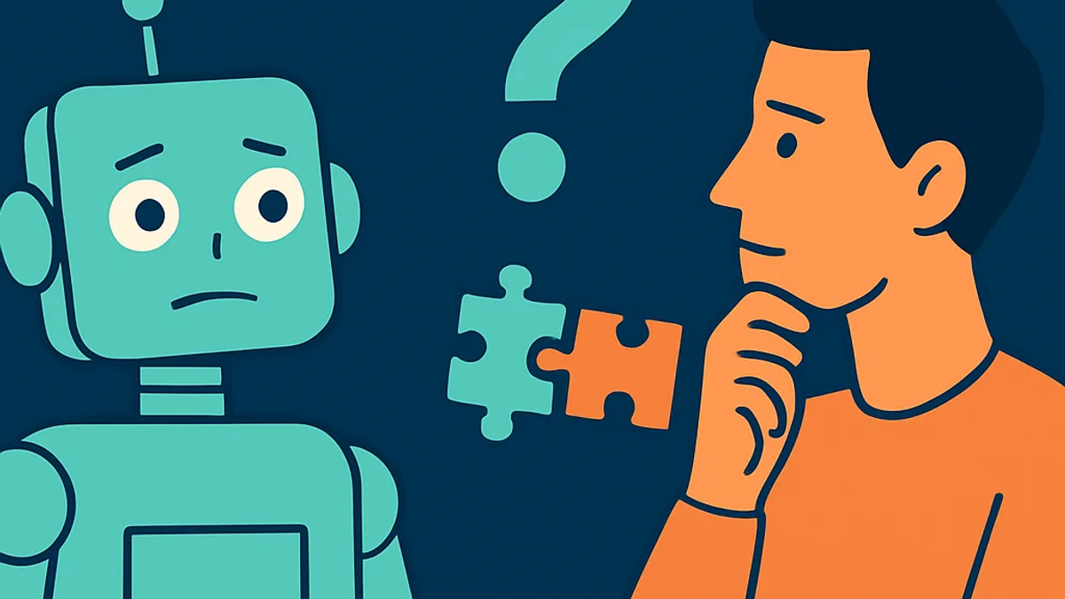 Robot and human contrasting AI limitations and human common sense