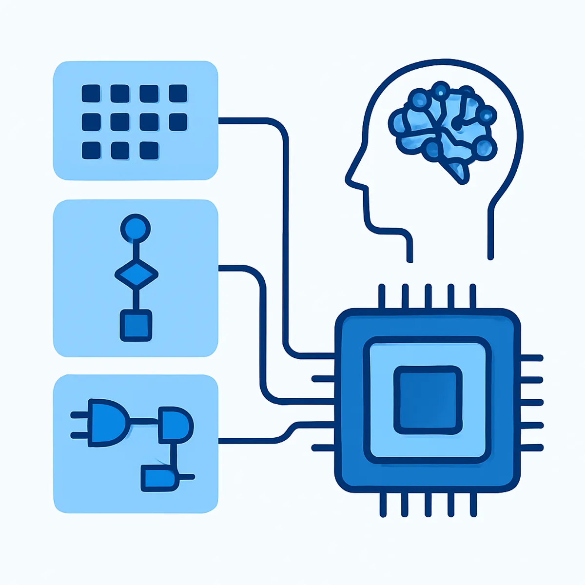 Diagram of AI computer science fundamentals with data, algorithms, and a processor chip