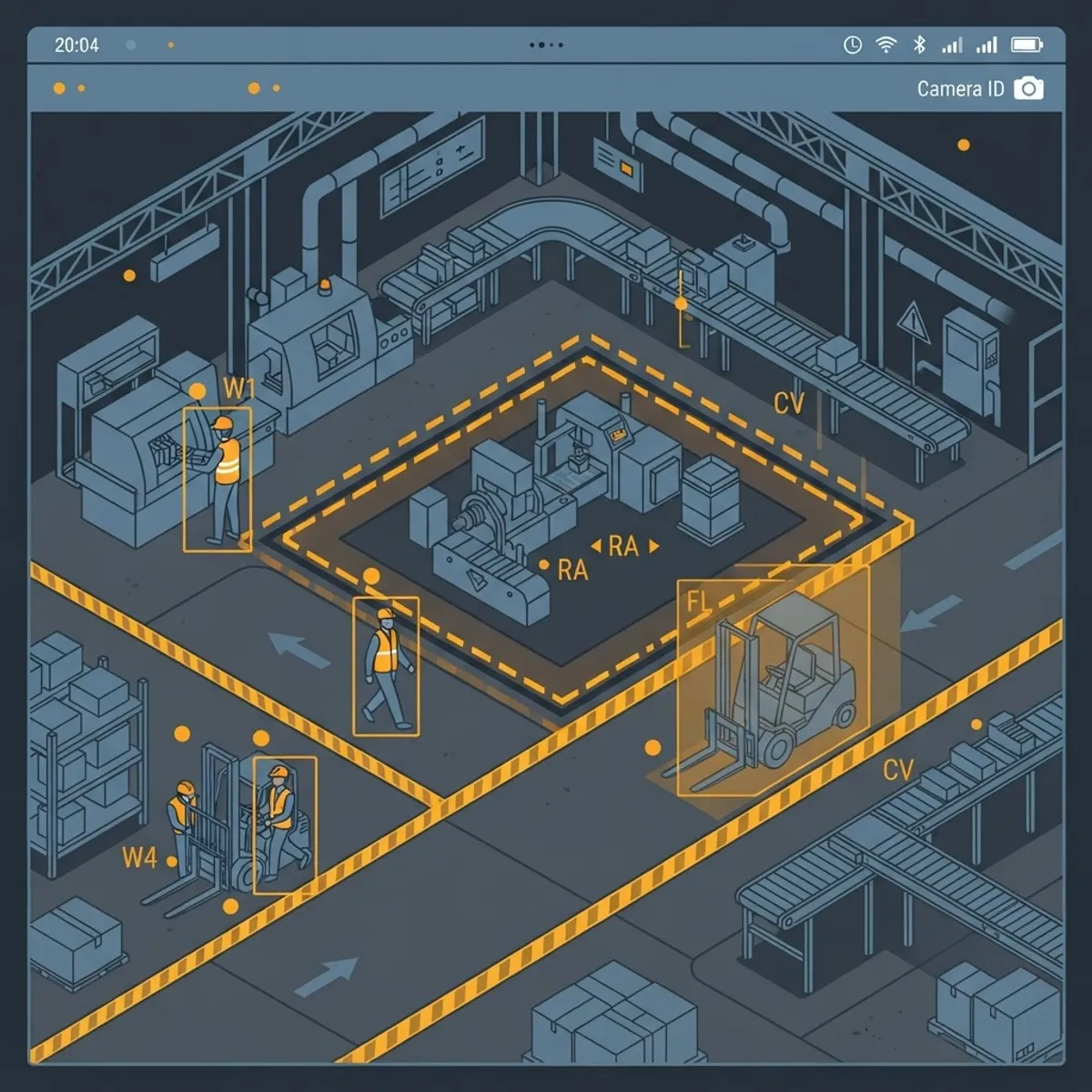 Computer vision monitoring an industrial floor with safety zone and proximity detection