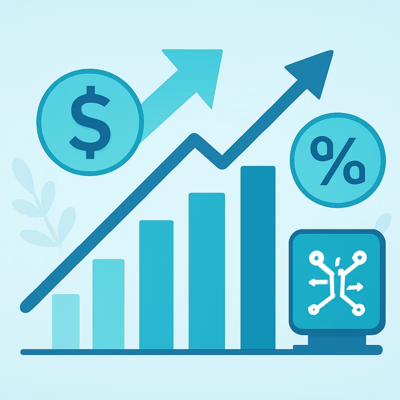 Growth charts and arrows representing AI return on investment