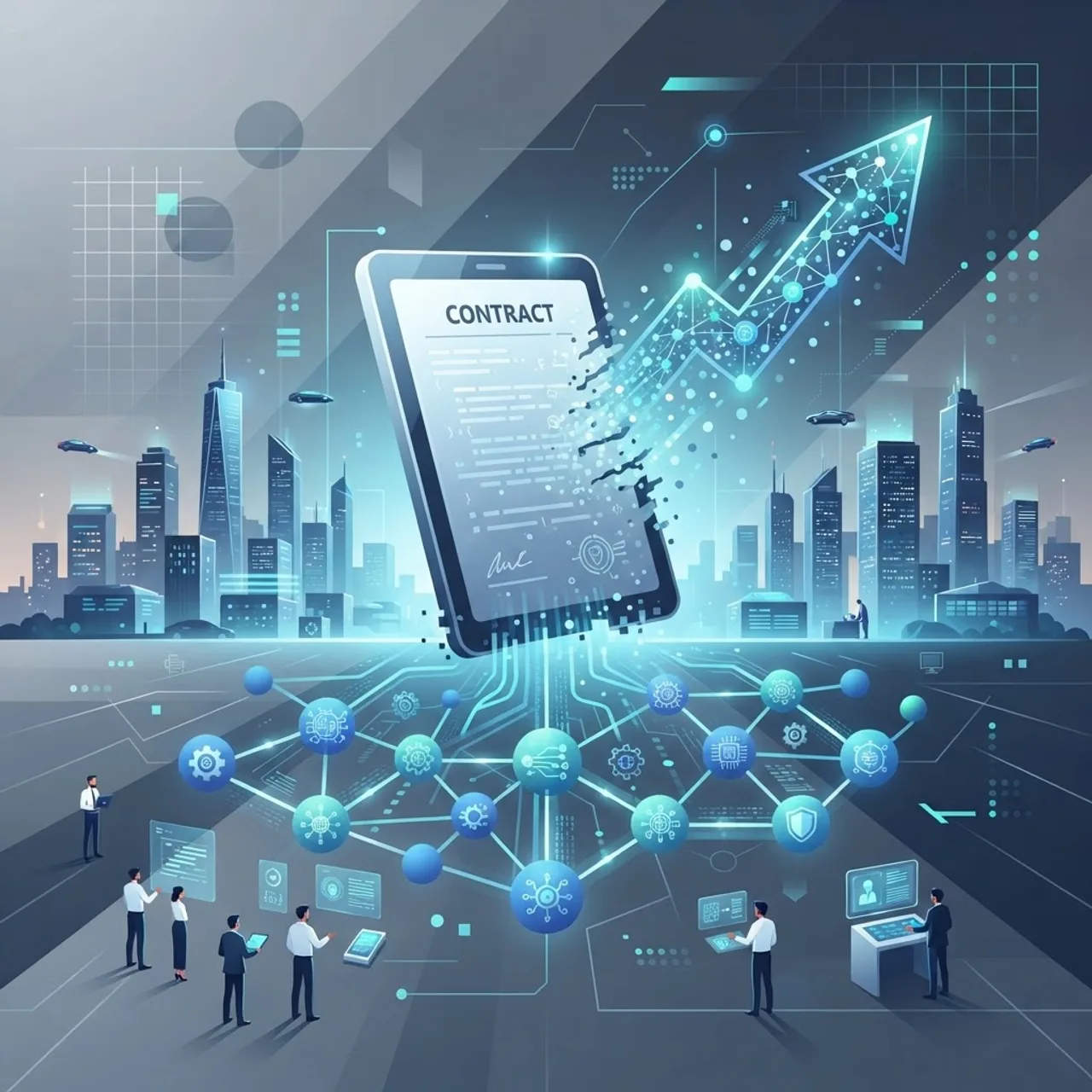 Future trends in AI contract law shown as networked nodes