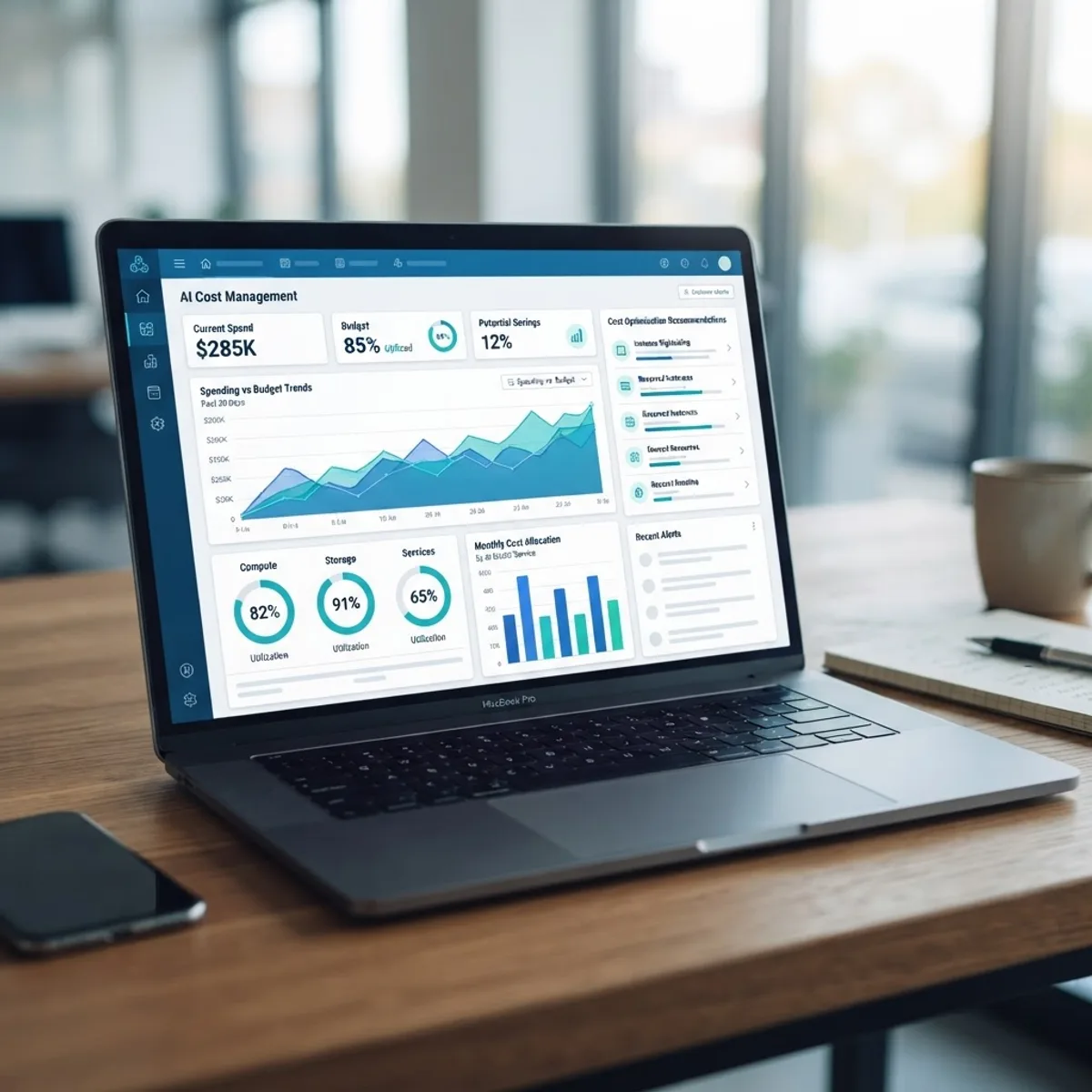 AI cost management dashboard showing spending analytics and budget metrics