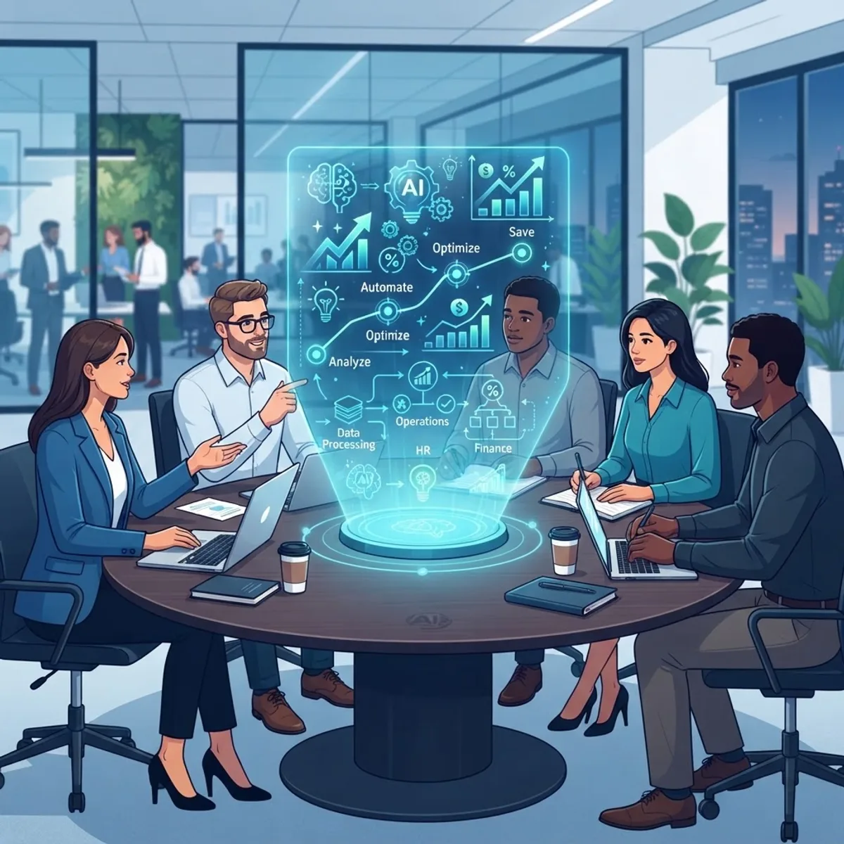 Business team building an AI cost savings strategy roadmap