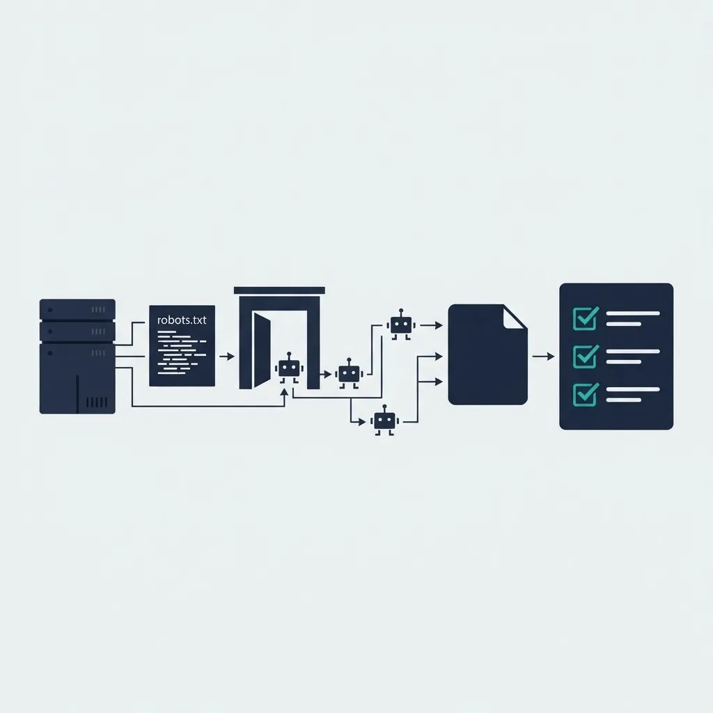 Illustration of AI crawler bots passing through an open gate toward a web page with a checklist