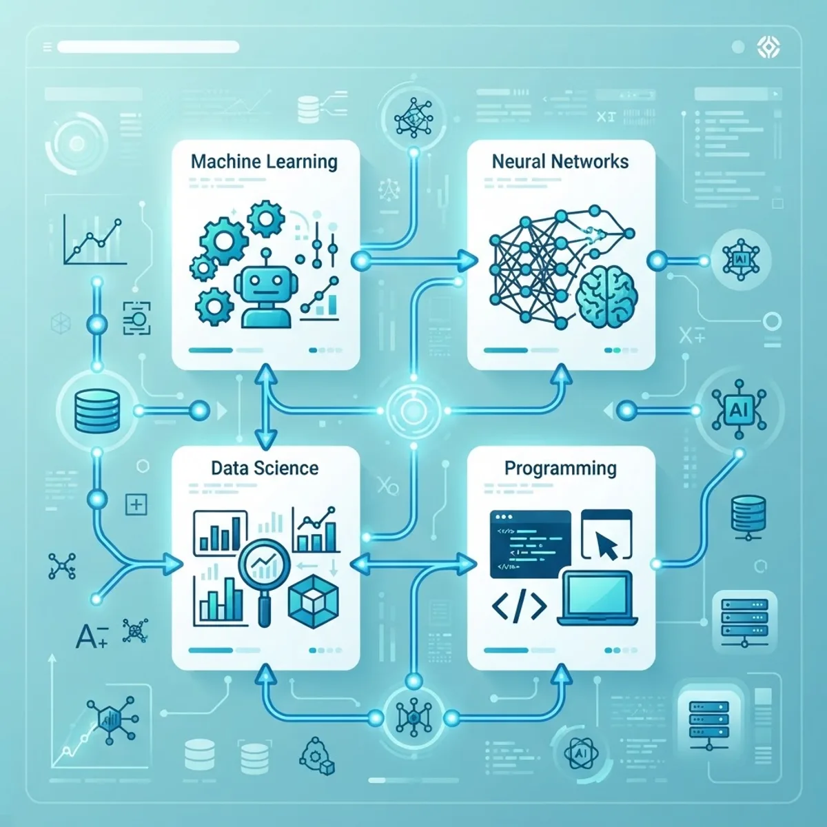 AI degree curriculum icons showing machine learning, neural networks, and data science