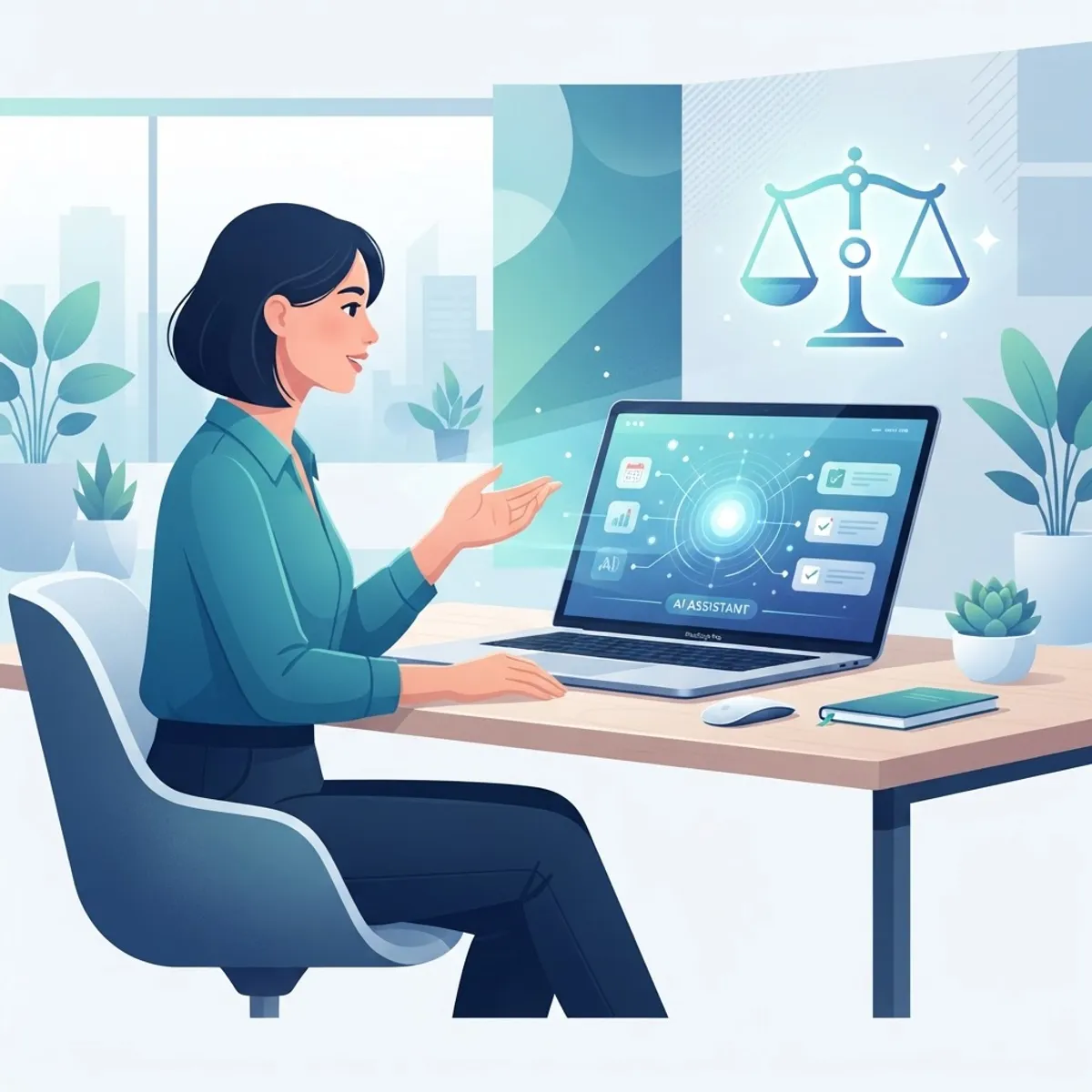 Illustration of a person delegating tasks to an AI interface with an ethics balance scale