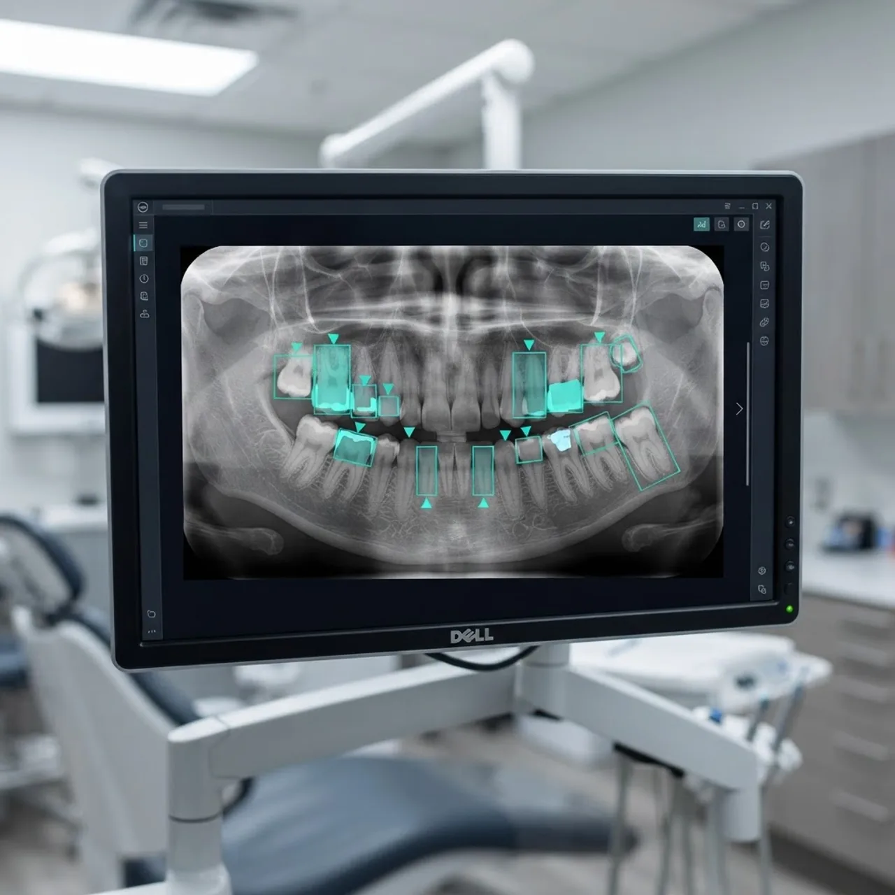 AI dental diagnosis highlighting caries on an X-ray