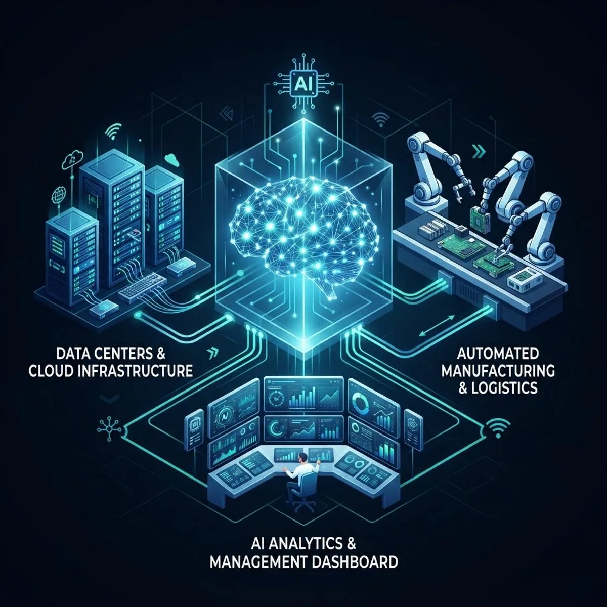 Illustration of AI-driven automation systems connected to servers and dashboards