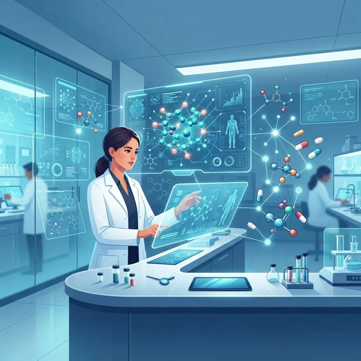 AI driven drug discovery with molecules and data nodes