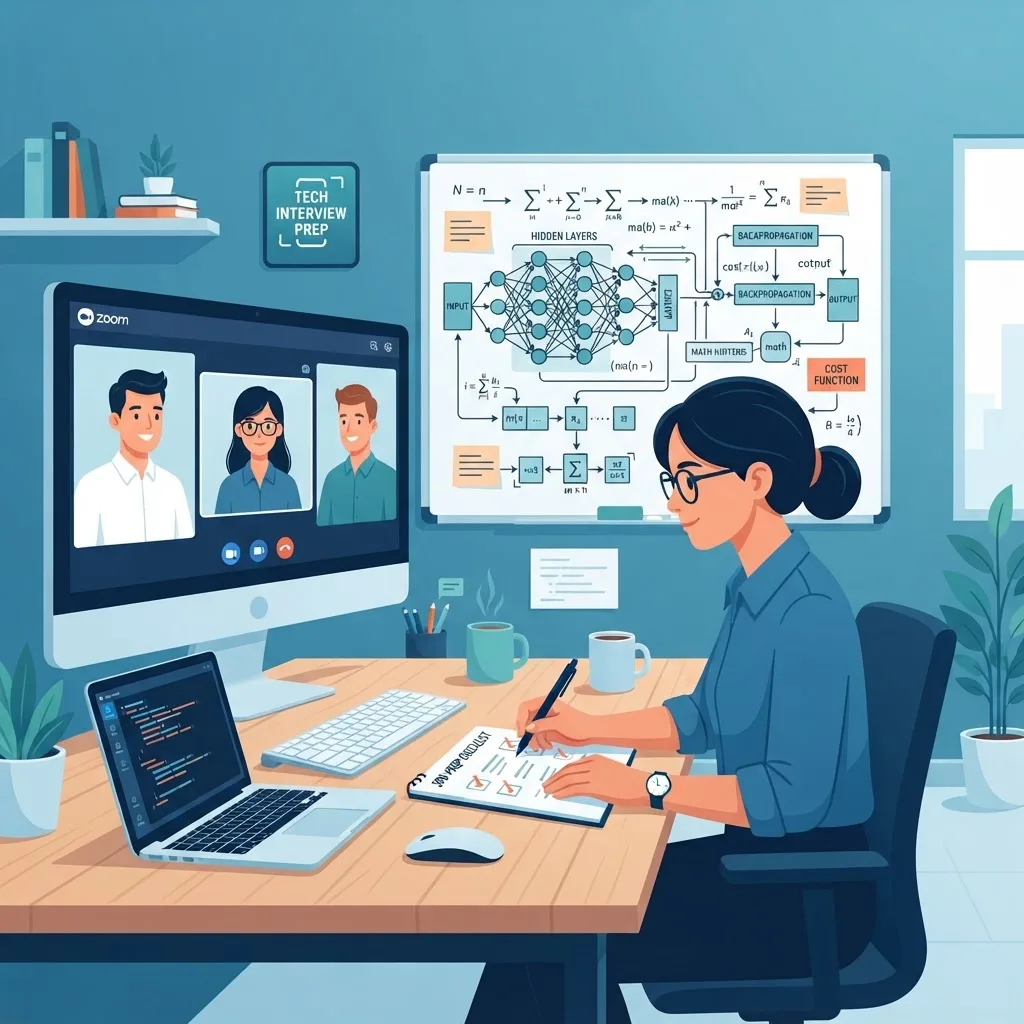 AI engineer interview preparation with checklist and algorithm diagram