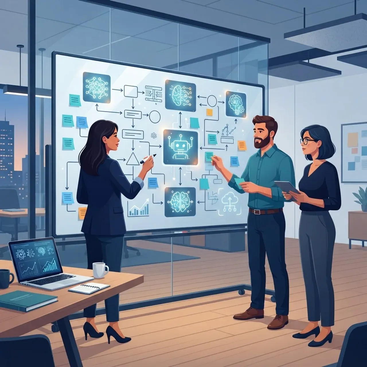 AI startup strategy planning session with founders at a whiteboard