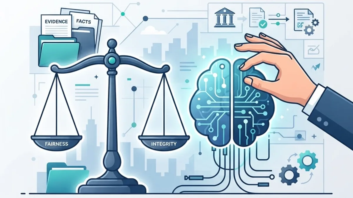AI ethics in claims litigation with balanced scales and human oversight