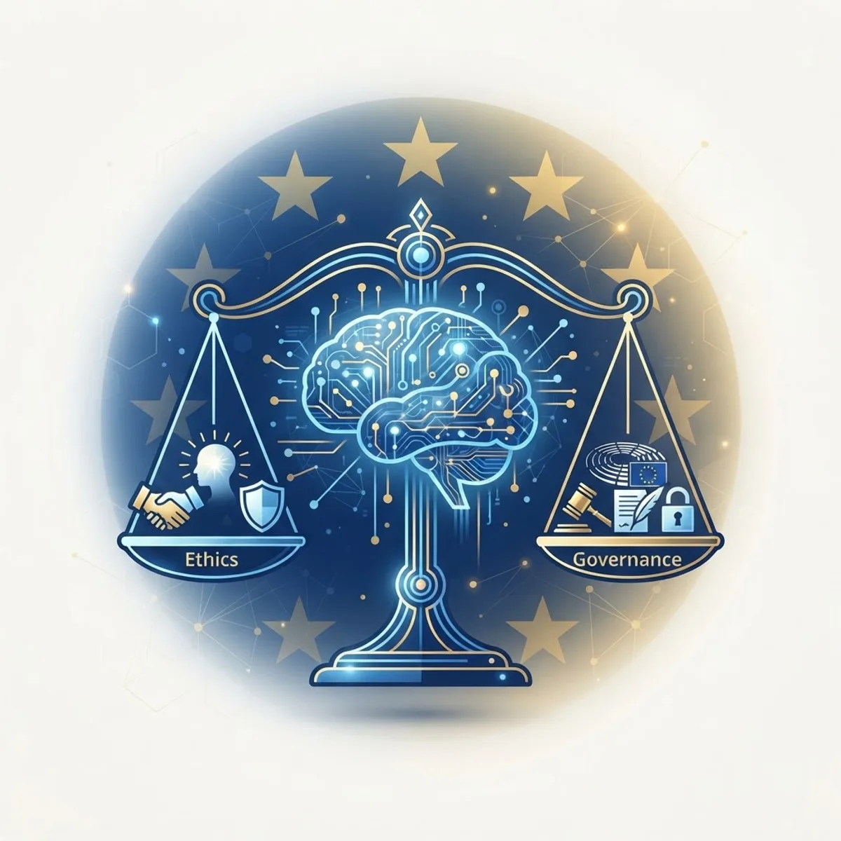 Balanced scale merged with a digital brain representing AI ethics