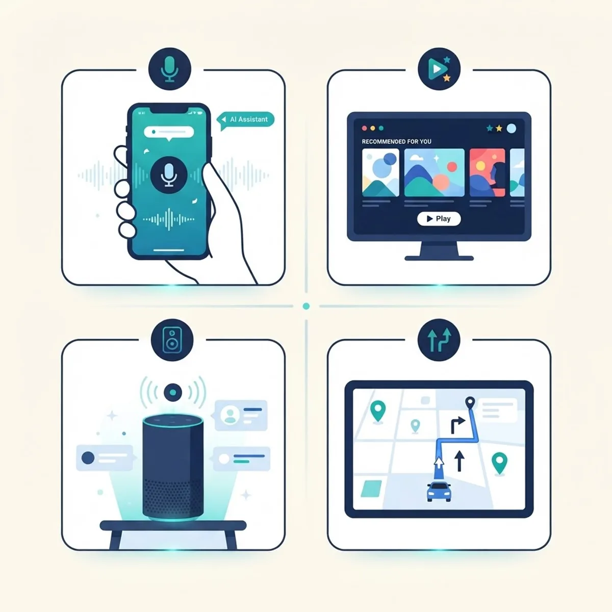Everyday AI examples on phone, streaming, smart speaker, and maps