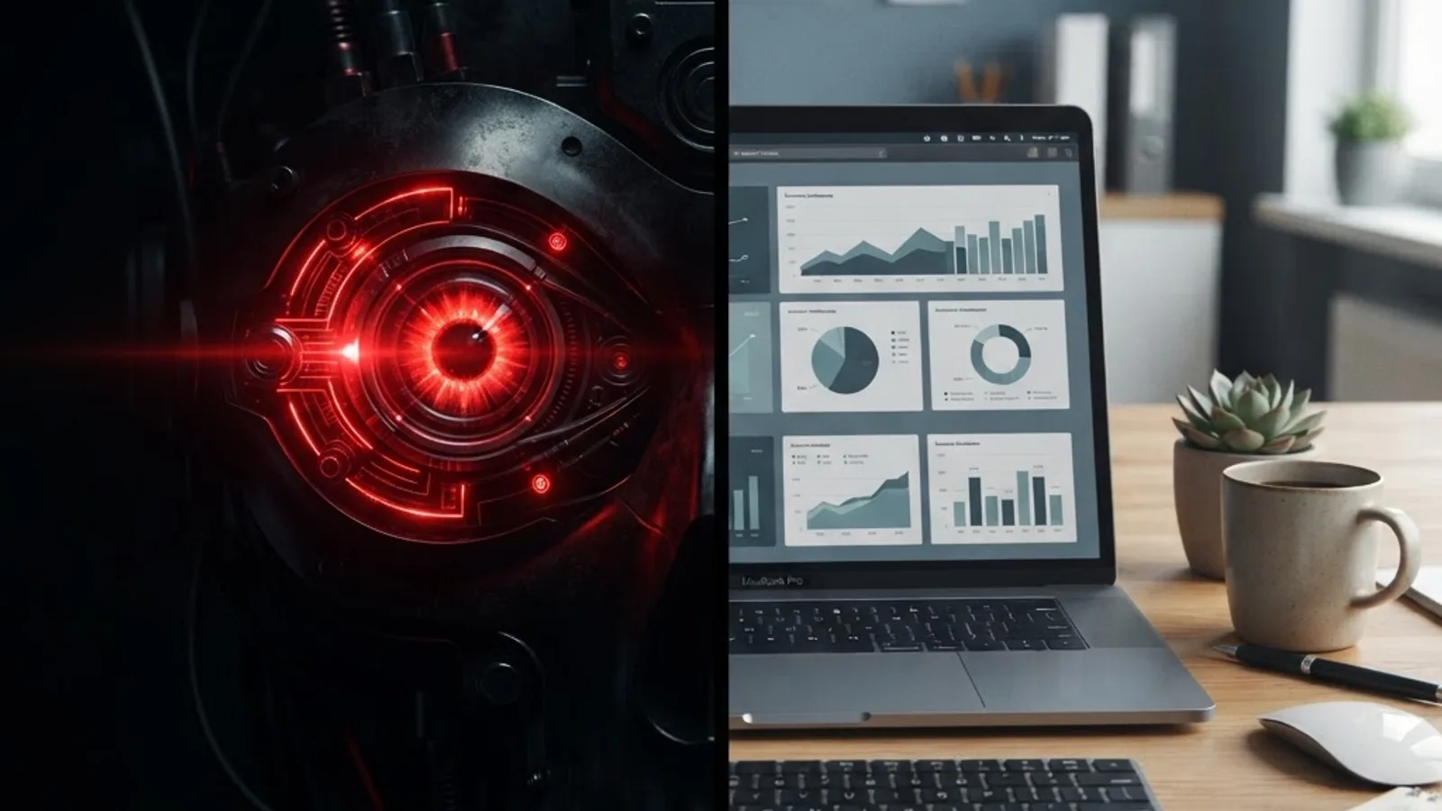 Split image contrasting a dramatic movie AI eye with an ordinary business analytics dashboard