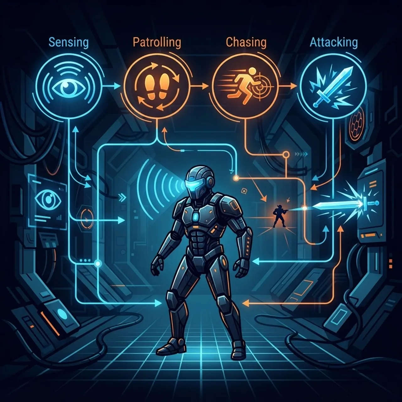 Game NPC decision-making states connected by glowing lines