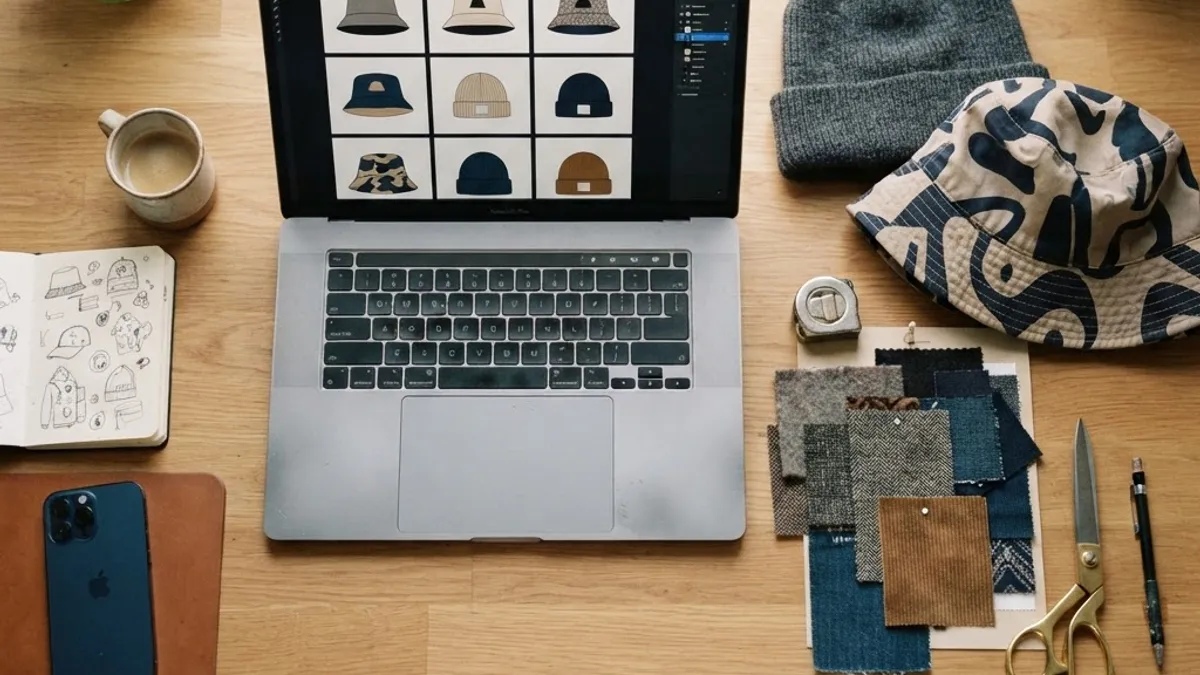 Designer desk with a laptop showing a grid of generated hat design variations beside fabric swatches