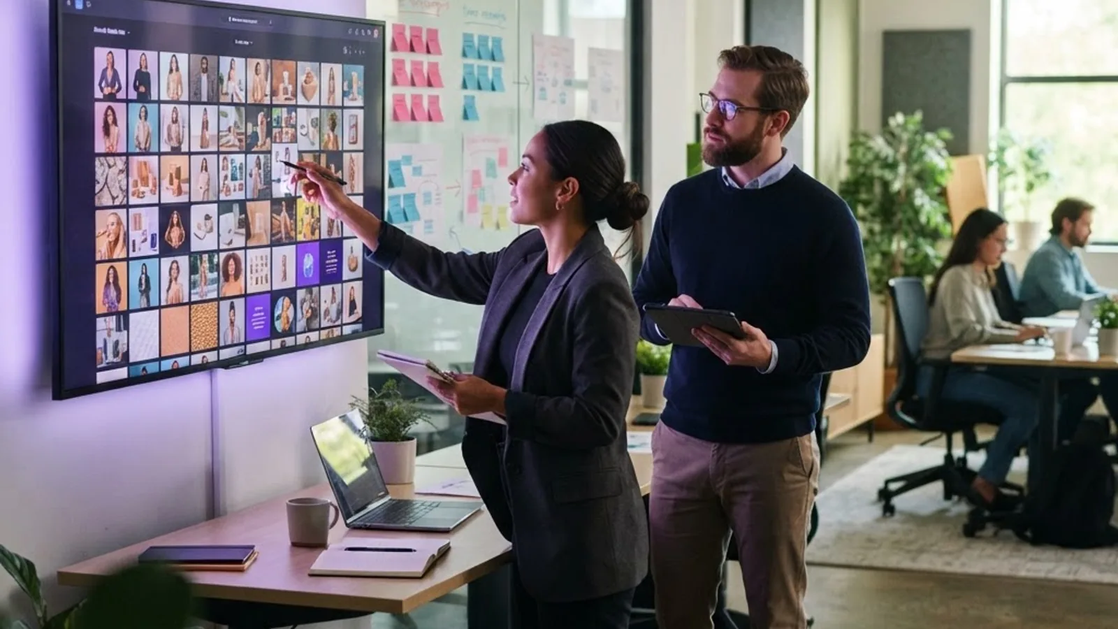 Marketing team reviewing AI-generated campaign images on a monitor