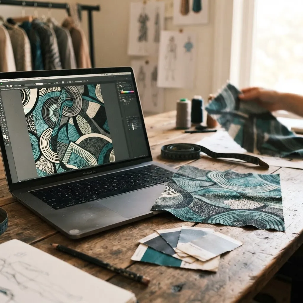 Laptop showing a generative pattern next to printed fabric swatches