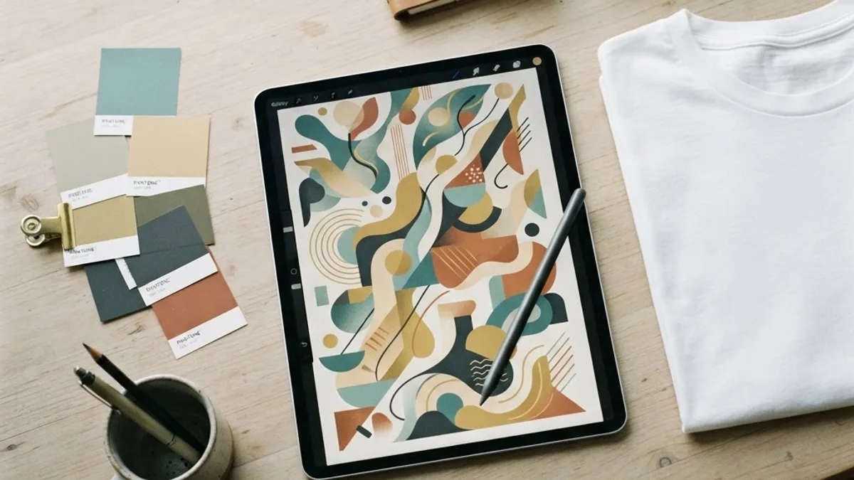 AI generated t-shirt design workflow on a tablet next to a blank tee