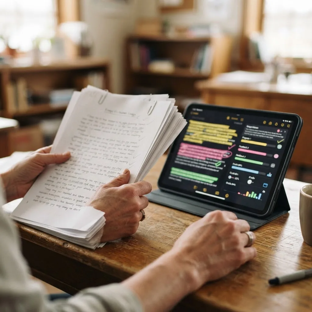 Teacher reviewing student essays alongside a tablet showing automated feedback