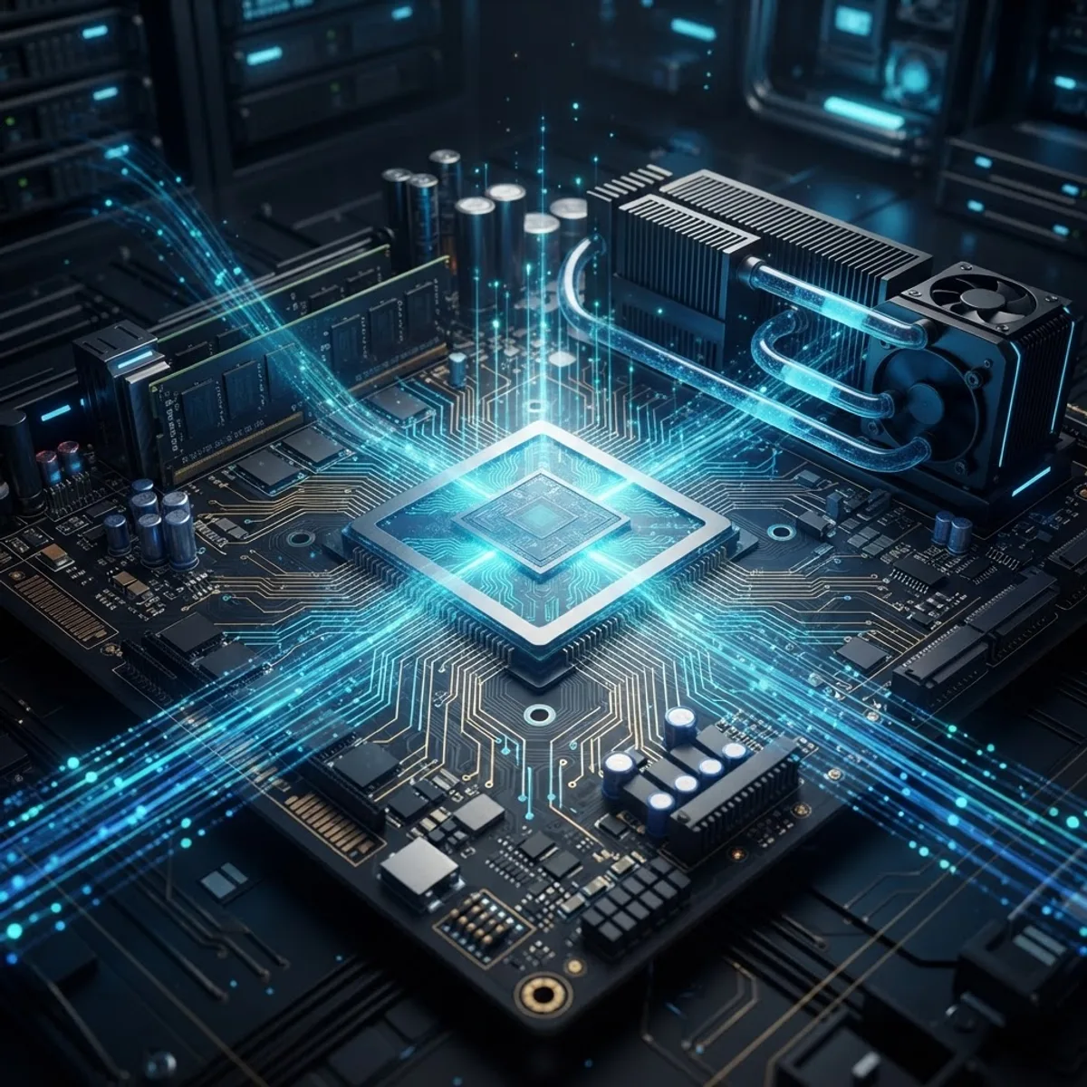 Advanced AI processor chip on a circuit board with data flowing