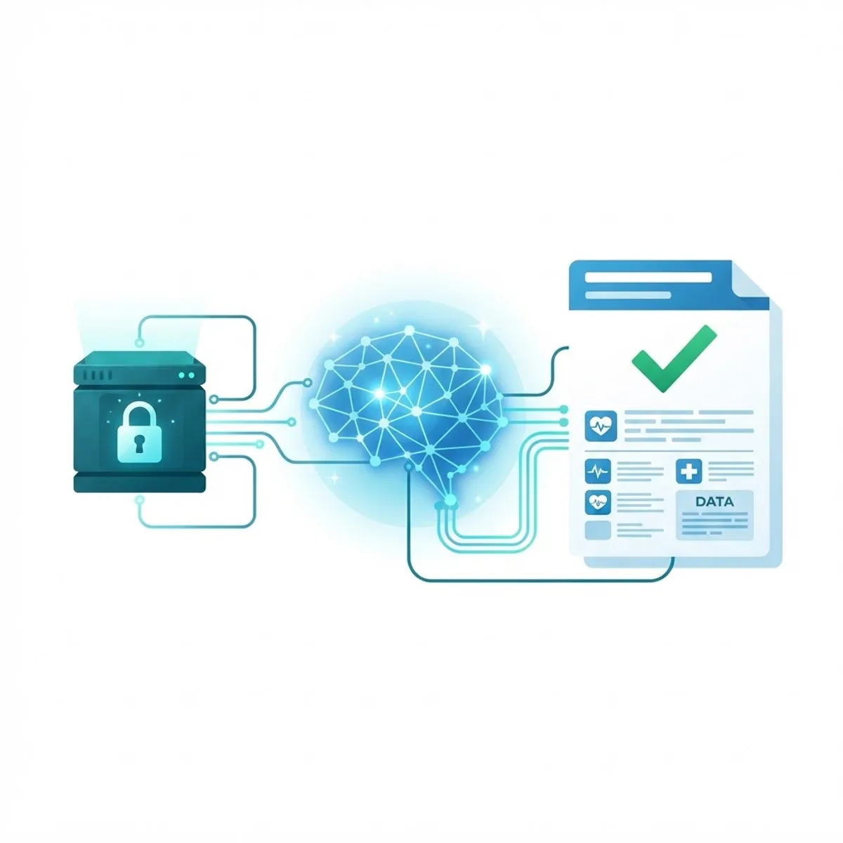 Illustration of AI verifying health records connected to a secure database with a checkmark